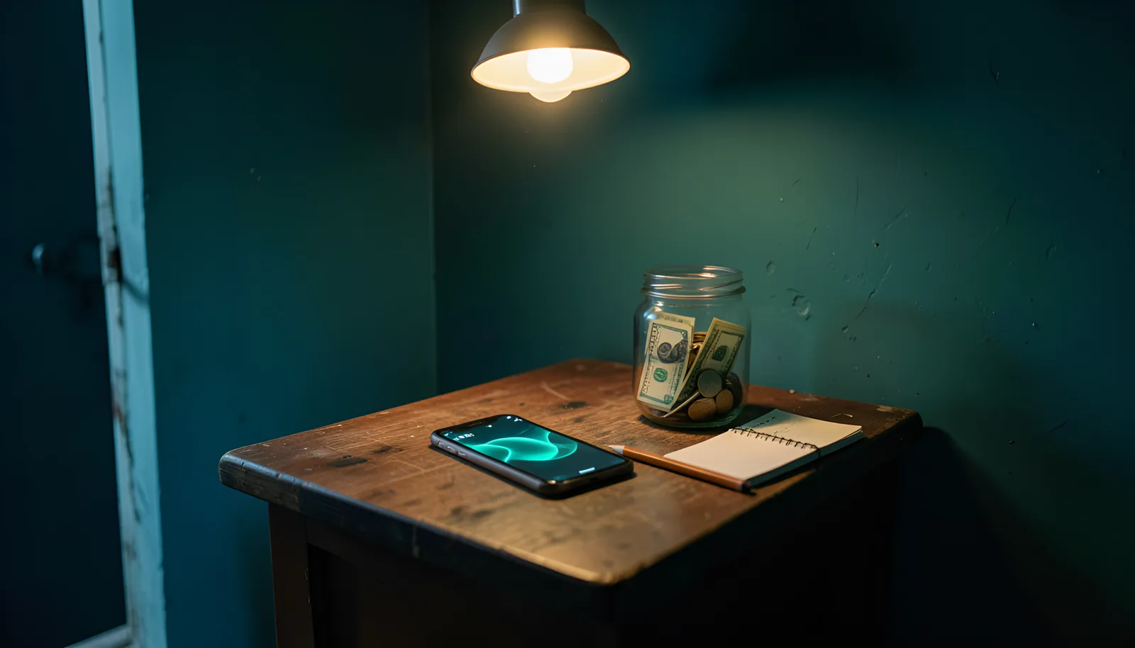 El mostrador al final del día: el teléfono, el frasco con los billetes y monedas, y el cuaderno con su lápiz